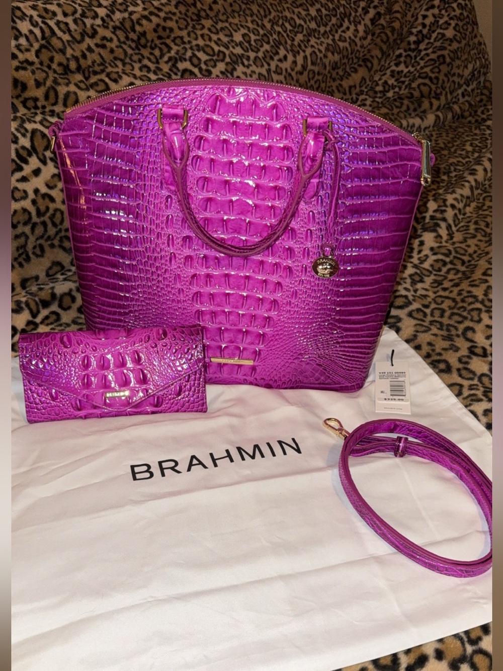 Brahmin Croco-Embossed Tote Satchel Bag and Wallet in Bright Fuchsia NEW!